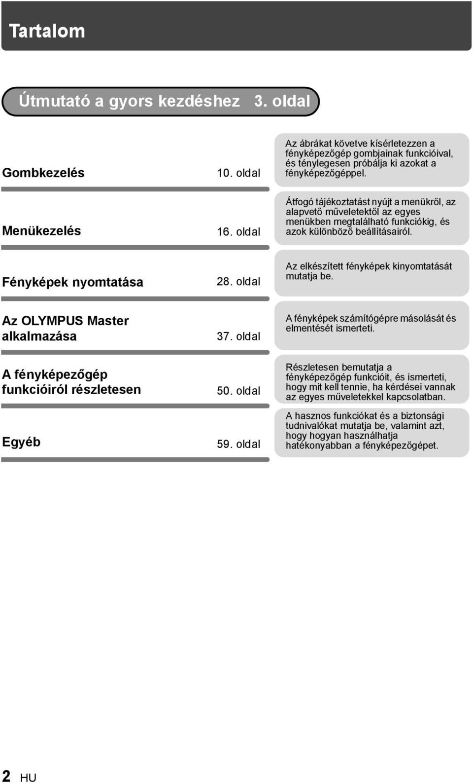 oldal Az elkészített fényképek kinyomtatását mutatja be. Az OLYMPUS Master alkalmazása 37. oldal A fényképek számítógépre másolását és elmentését ismerteti.