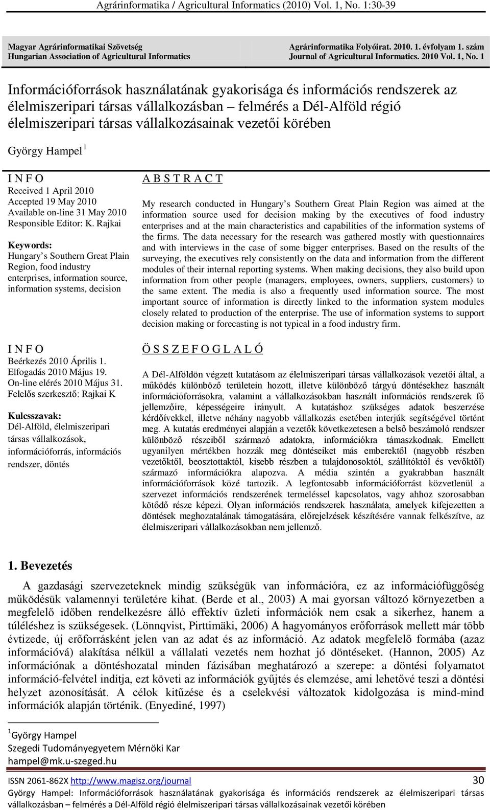 György Hampel 1 I N F O Received 1 April 2010 Accepted 19 May 2010 Available on-line 31 May 2010 Responsible Editor: K.