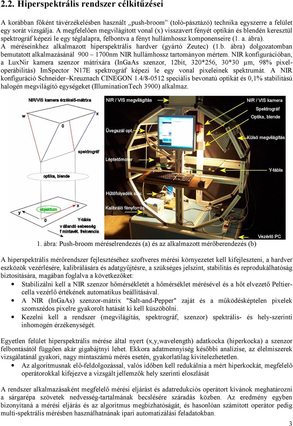 A méréseinkhez alkalmazott hiperspektrális hardver (gyártó Zeutec) (1.b. ábra) dolgozatomban bemutatott alkalmazásánál 900 1700nm NIR hullámhossz tartományon mértem.