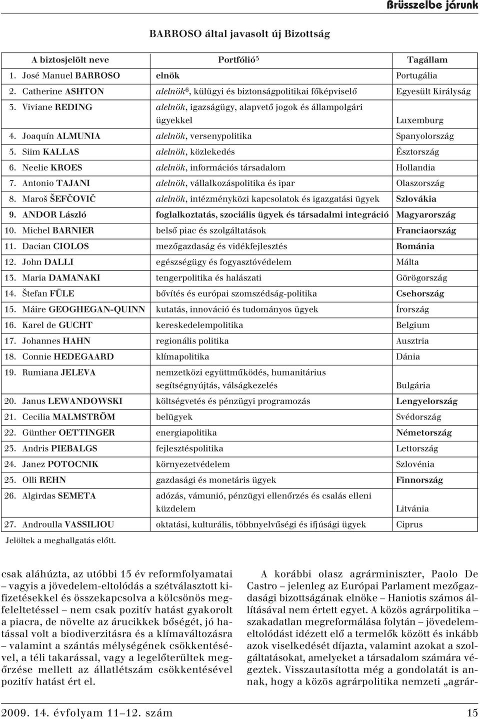 Joaquín ALMUNIA alelnök, versenypolitika Spanyolország 5. Siim KALLAS alelnök, közlekedés Észtország 6. Neelie KROES alelnök, információs társadalom Hollandia 7.