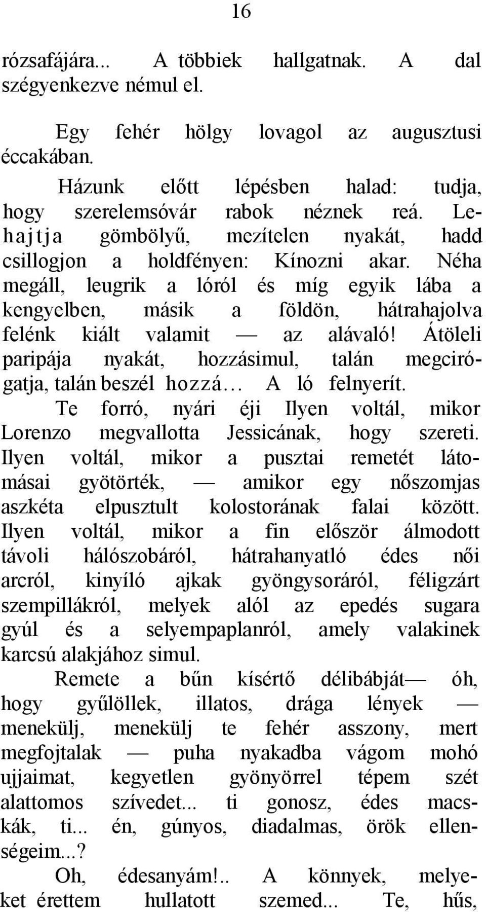 Néha megáll, leugrik a lóról és míg egyik lába a kengyelben, másik a földön, hátrahajolva felénk kiált valamit az alávaló! Átöleli paripája nyakát, hozzásimul, talán megcirógatja, talán beszél hozzá.