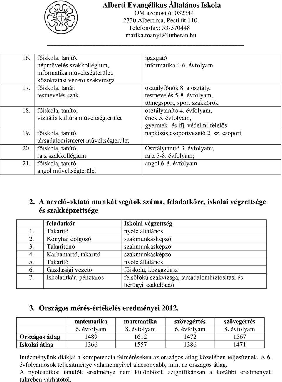 a osztály, testnevelés 5-8. évfolyam, tömegsport, sport szakkörök osztálytanító 4. évfolyam, ének 5. évfolyam, gyermek- és ifj. védelmi felelős napközis csoportvezető 2. sz. csoport Osztálytanító 3.