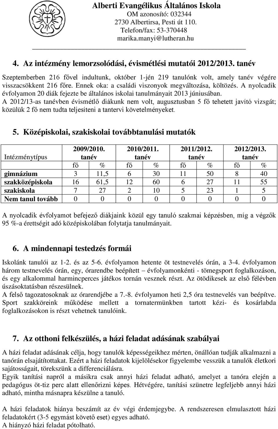 A 2012/13-as ben évismétlő diákunk nem volt, augusztusban 5 fő tehetett javító vizsgát; közülük 2 fő nem tudta teljesíteni a tantervi követelményeket. 5. Középiskolai, szakiskolai továbbtanulási mutatók Intézménytípus 2009/2010.