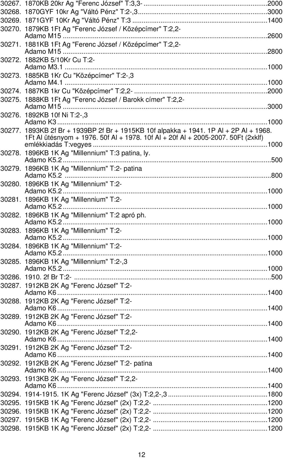 1885KB 1Kr Cu "Középcímer" T:2-,3 Adamo M4.1...1000 30274. 1887KB 1kr Cu "Középcímer" T:2,2-...2000 30275. 1888KB 1Ft Ag "Ferenc József / Barokk címer" T:2,2- Adamo M15...3000 30276.