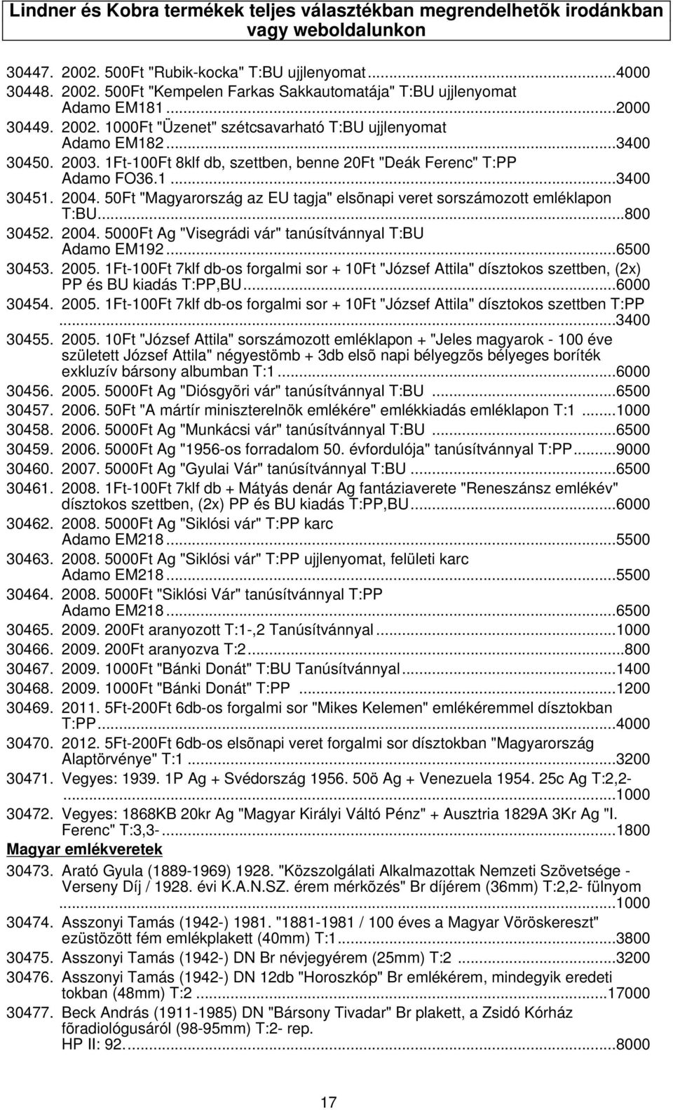 50Ft "Magyarország az EU tagja" elsõnapi veret sorszámozott emléklapon T:BU...800 30452. 2004. 5000Ft Ag "Visegrádi vár" tanúsítvánnyal T:BU Adamo EM192...6500 30453. 2005.