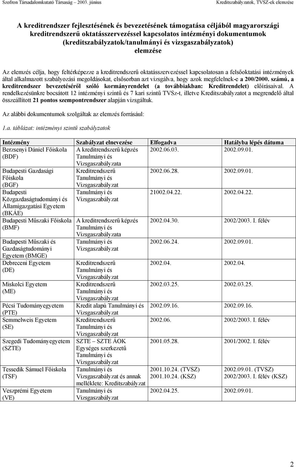 (kreditszabályzatok/tanulmányi és vizsgaszabályzatok) elemzése Az elemzés célja, hogy feltérképezze a kreditrendszerű oktatásszervezéssel kapcsolatosan a felsőoktatási intézmények által alkalmazott