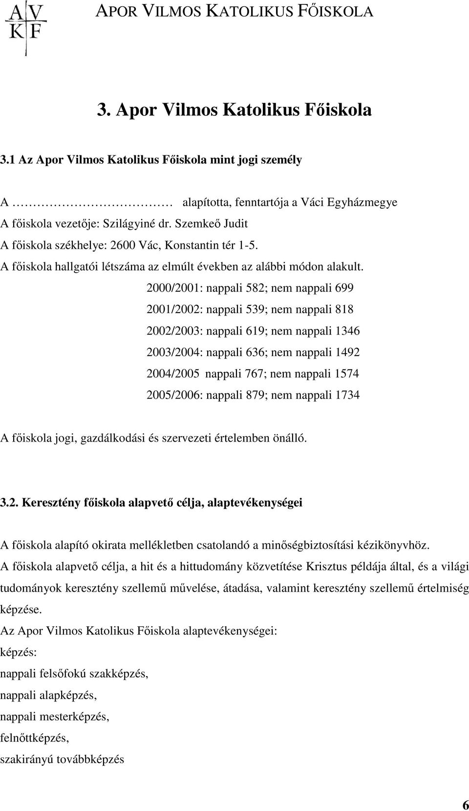 2000/2001: nappali 582; nem nappali 699 2001/2002: nappali 539; nem nappali 818 2002/2003: nappali 619; nem nappali 1346 2003/2004: nappali 636; nem nappali 1492 2004/2005 nappali 767; nem nappali