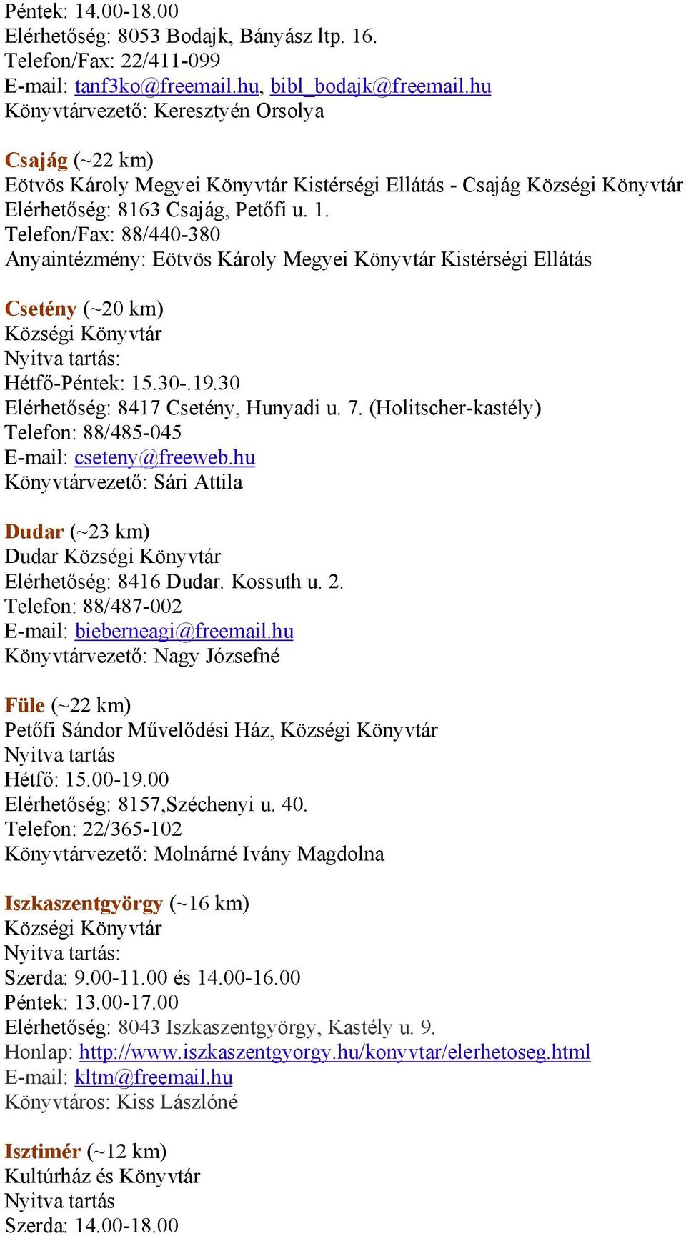 Telefon/Fax: 88/440-380 Anyaintézmény: Eötvös Károly Megyei Könyvtár Kistérségi Ellátás Csetény (~20 km) Községi Könyvtár Hétfő-Péntek: 15.30-.19.30 Elérhetőség: 8417 Csetény, Hunyadi u. 7.