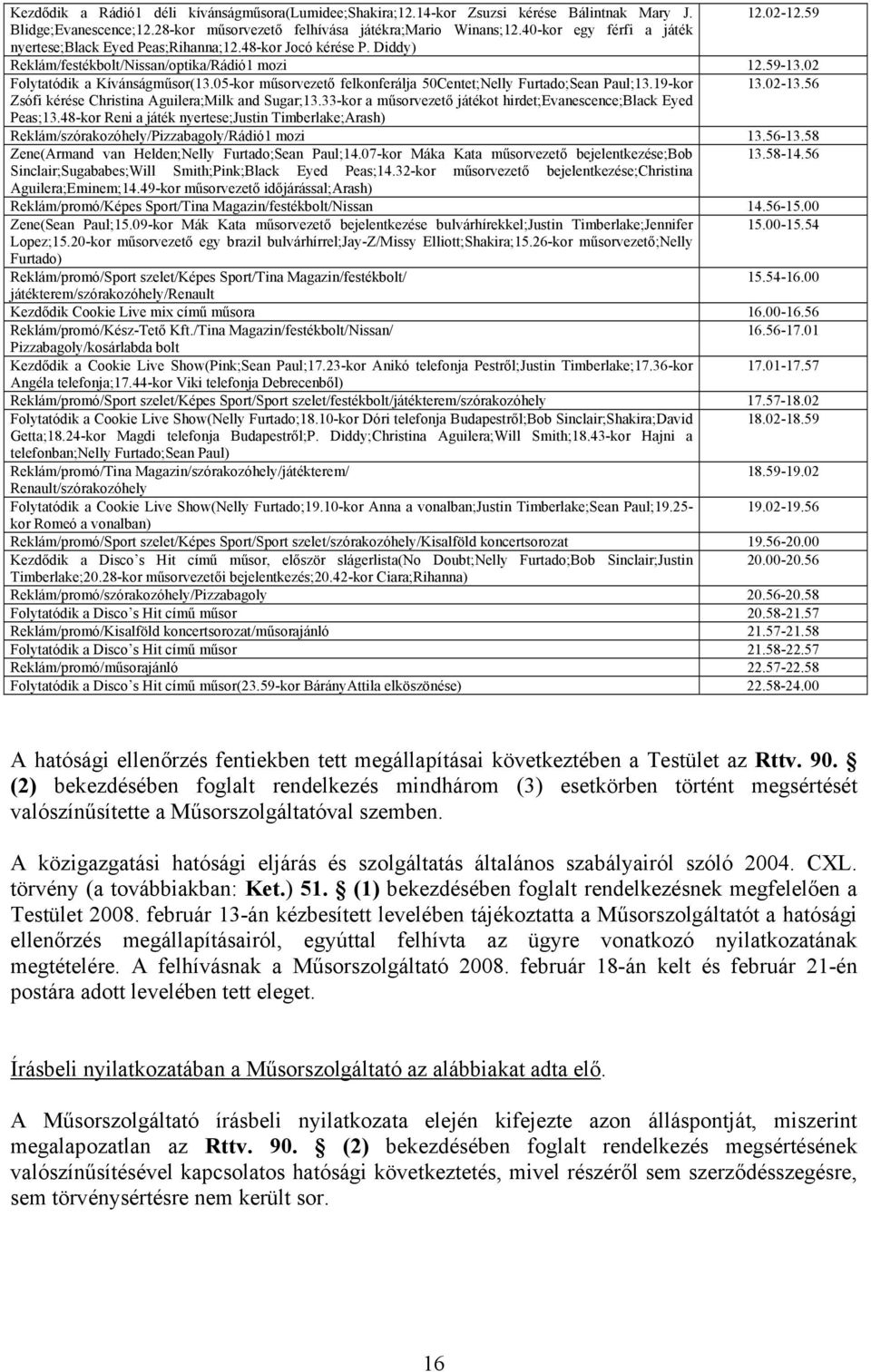 05-kor műsorvezető felkonferálja 50Centet;Nelly Furtado;Sean Paul;13.19-kor 13.02-13.56 Zsófi kérése Christina Aguilera;Milk and Sugar;13.