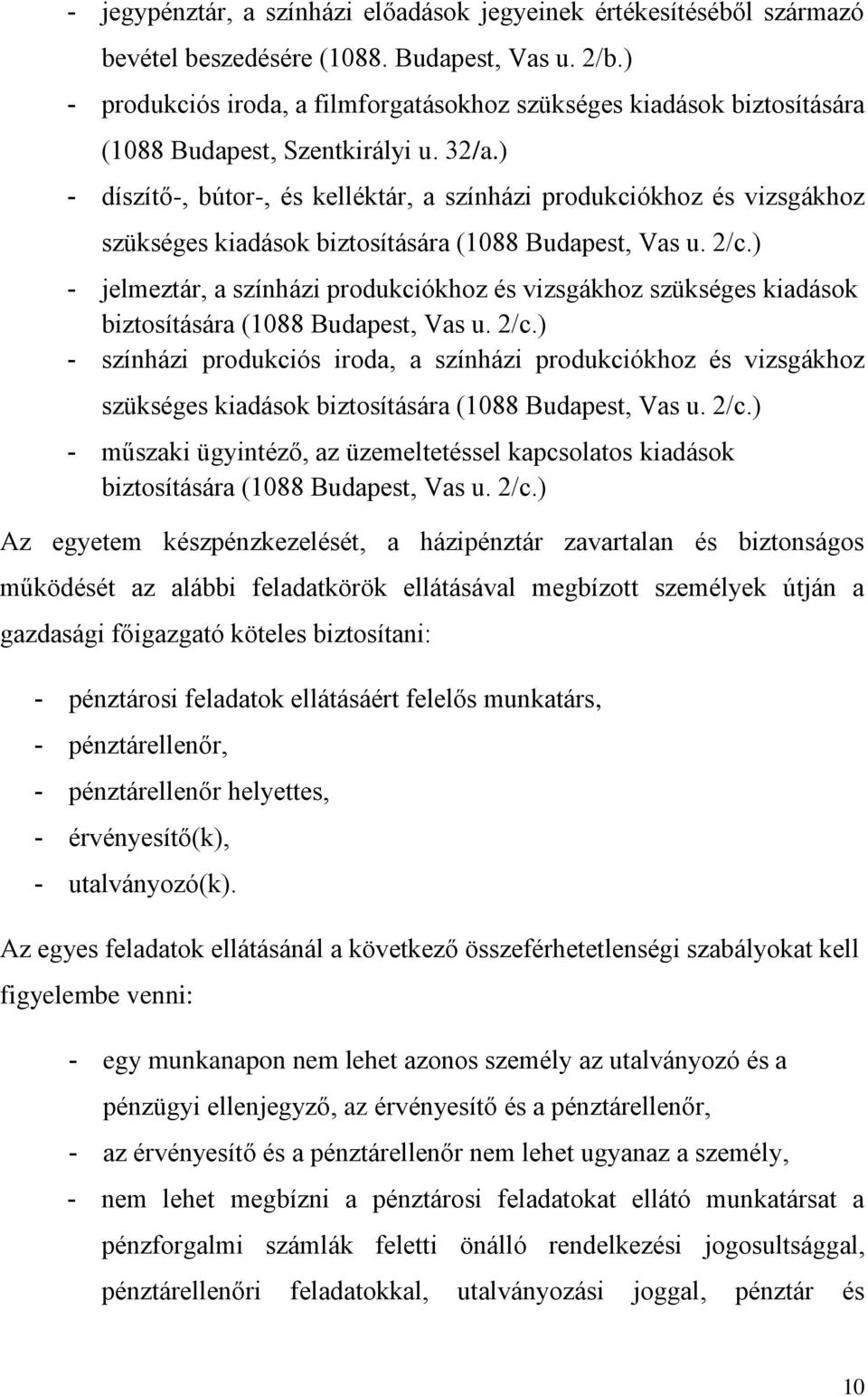 ) - díszítő-, bútor-, és kelléktár, a színházi produkciókhoz és vizsgákhoz szükséges kiadások biztosítására (1088 Budapest, Vas u. 2/c.