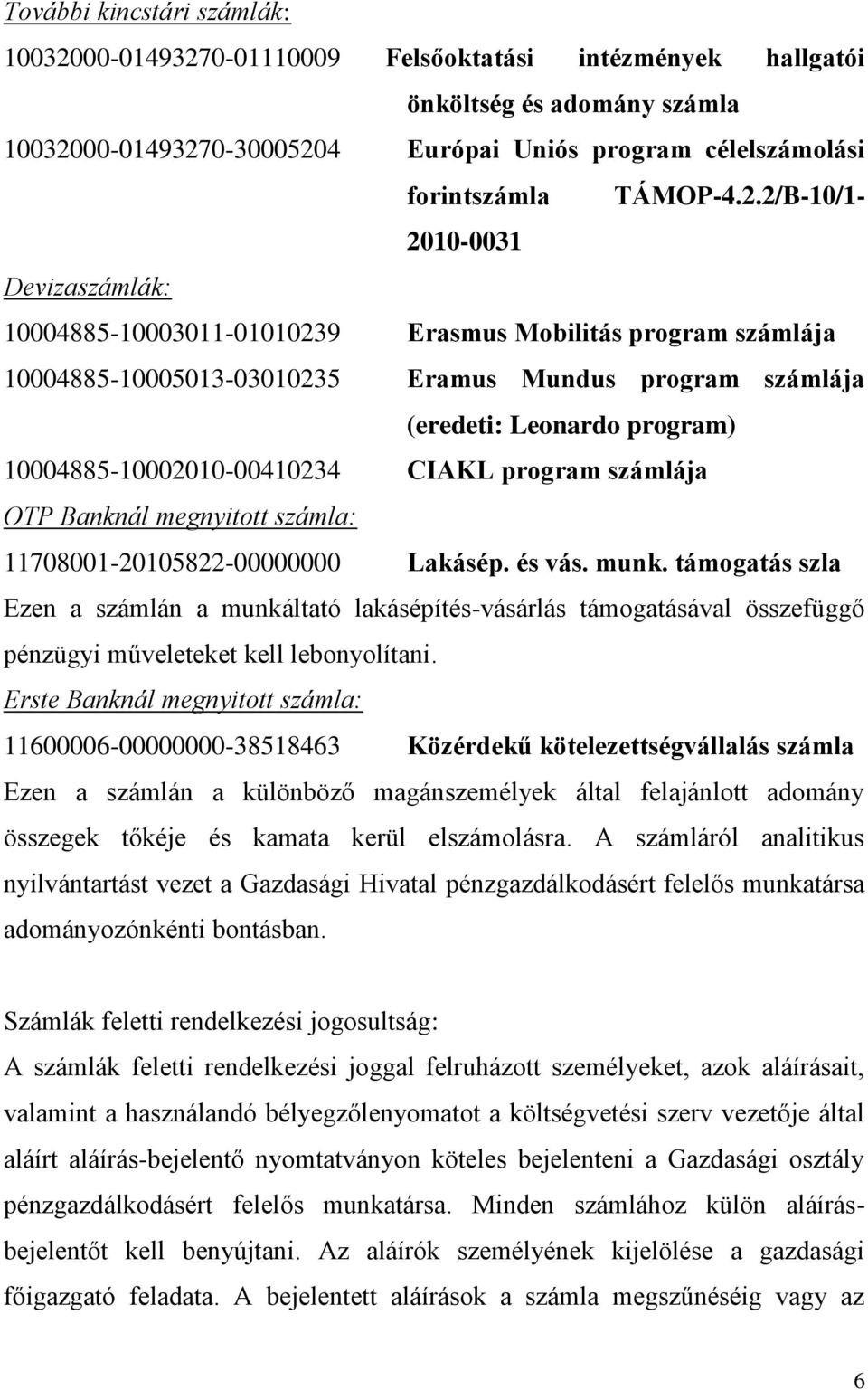 2/B-10/1-2010-0031 Devizaszámlák: 10004885-10003011-01010239 Erasmus Mobilitás program számlája 10004885-10005013-03010235 Eramus Mundus program számlája (eredeti: Leonardo program)