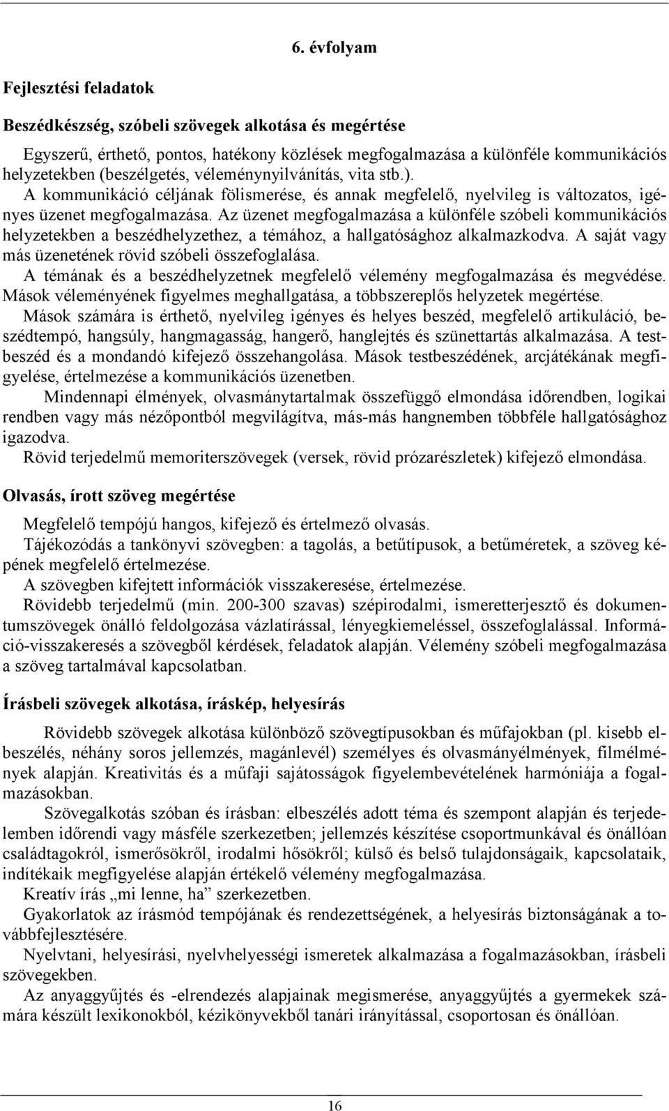 Az üzenet megfogalmazása a különféle szóbeli kommunikációs helyzetekben a beszédhelyzethez, a témához, a hallgatósághoz alkalmazkodva. A saját vagy más üzenetének rövid szóbeli összefoglalása.