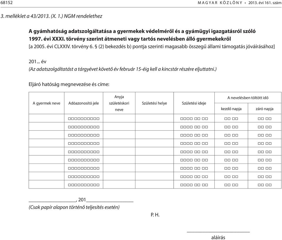 (2) bekezdés b) pontja szerinti magasabb összegű állami támogatás jóváírásához] 201... év (Az adatszolgáltatást a tárgyévet követő év február 15-éig kell a kincstár részére eljuttatni.