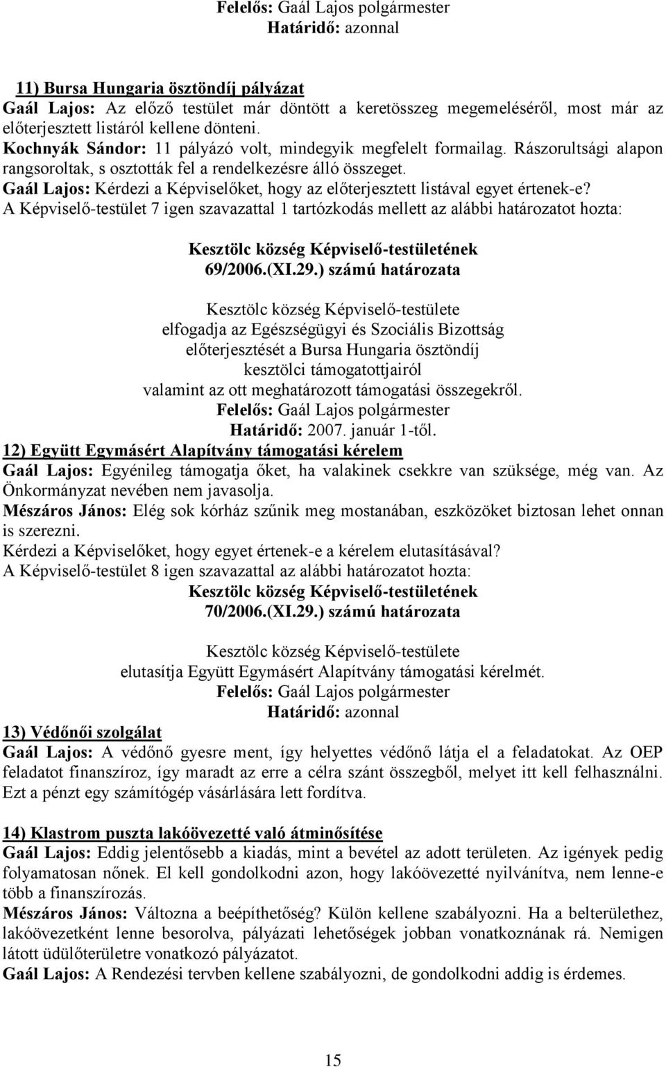 Gaál Lajos: Kérdezi a Képviselőket, hogy az előterjesztett listával egyet értenek-e? A Képviselő-testület 7 igen szavazattal 1 tartózkodás mellett az alábbi határozatot hozta: 69/2006.(XI.29.