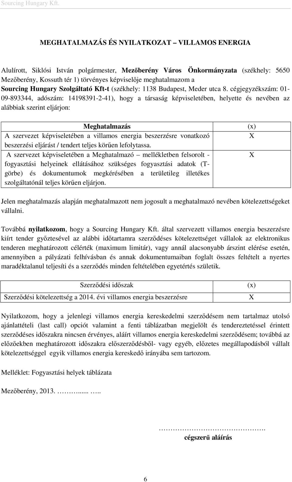 cégjegyzékszám: 01-09-893344, adószám: 14198391-2-41), hogy a társaság képviseletében, helyette és nevében az alábbiak szerint eljárjon: Meghatalmazás A szervezet képviseletében a villamos energia