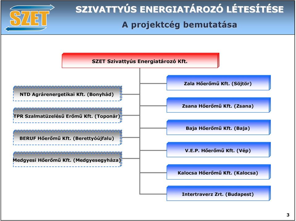 (Zsana) TPR Szalmatüzelésű Erőmű Kft. (Toponár) Baja Hőerőmű Kft. (Baja) BERUF Hőerőmű Kft.