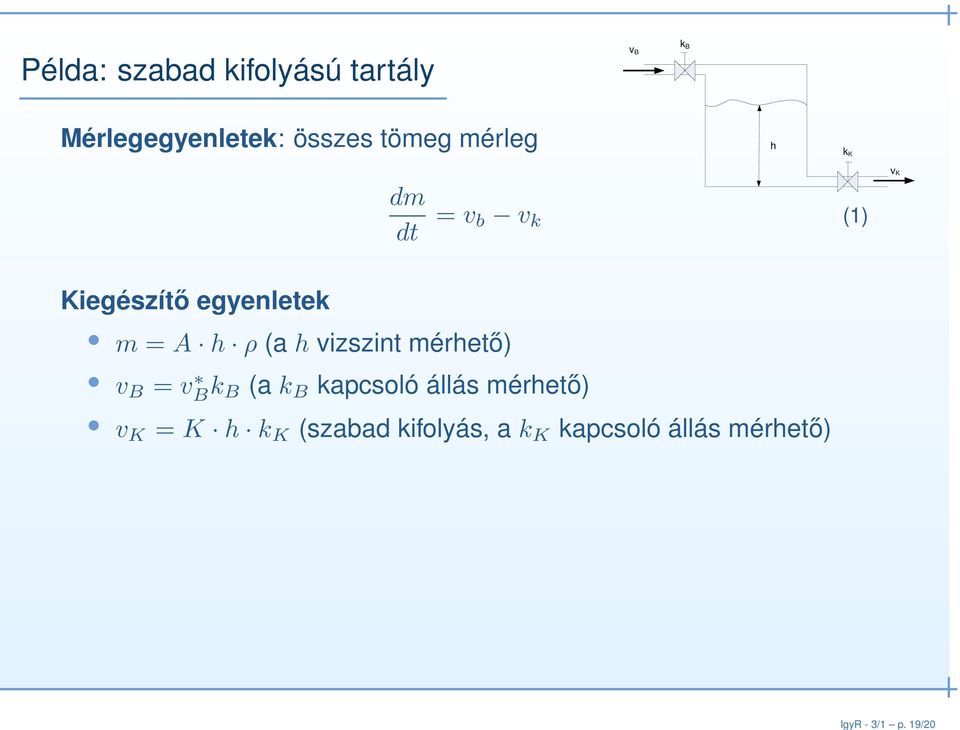 tömeg mérleg h k K dm dt = v b v k (1) v K Kiegészítő egyenletek m = A