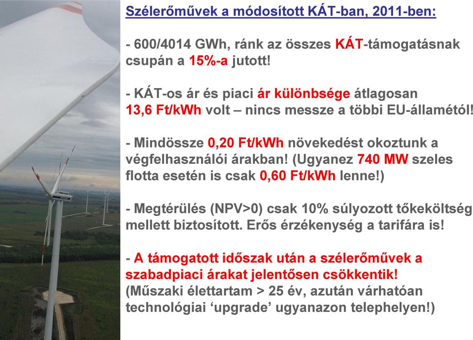 - Mindössze 0,20 Ft/kWh növekedést okoztunk a végfelhasználói árakban! (Ugyanez 740 MW szeles flotta esetén is csak 0,60 Ft/kWh lenne!