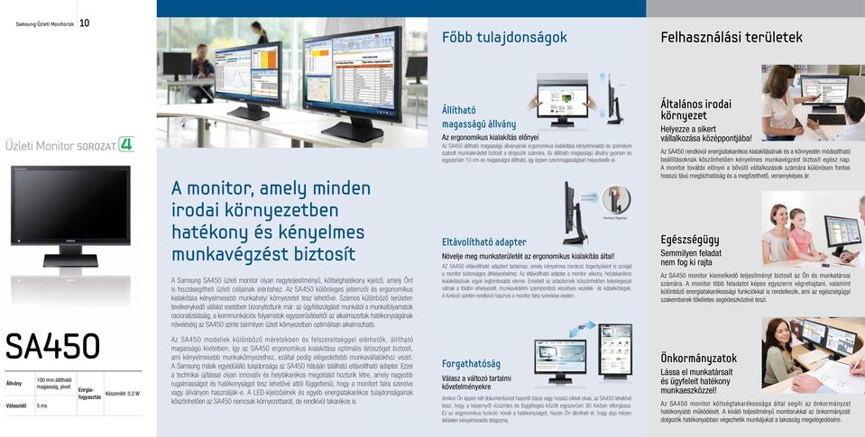 Az SA450 különleges jellemzői és ergonomikus kialakítása kényelmesebb munkahelyi környezetet tesz lehetővé.