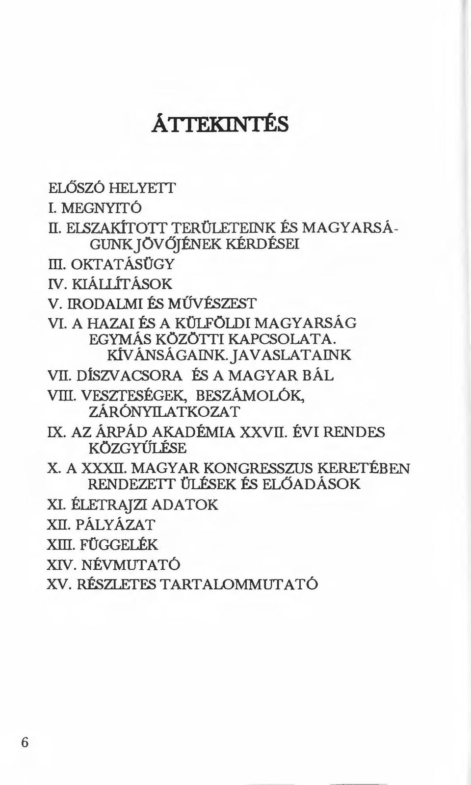 DÍSZVACSORA ÉS A MAGYAR BÁL VIII. VESZTESÉGEK, BESZÁMOLÓK, ZÁRÓNYILATKOZAT IX. AZ ÁRPÁD AKADÉMIA XXVII. ÉVI RENDES KÖZGYŰLÉSE X. A XXXII.