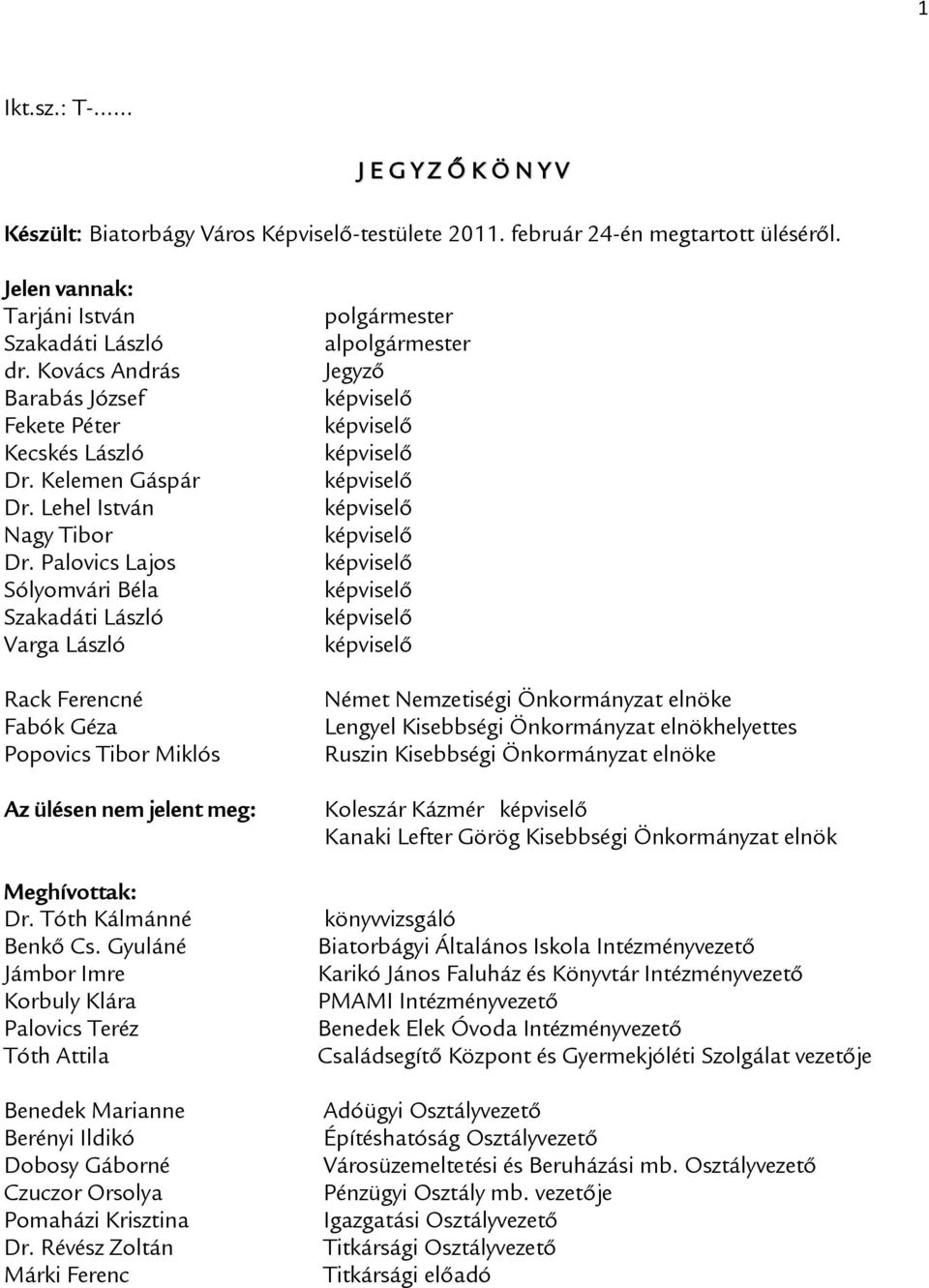 Palovics Lajos Sólyomvári Béla Szakadáti László Varga László Rack Ferencné Fabók Géza Popovics Tibor Miklós Az ülésen nem jelent meg: Meghívottak: Dr. Tóth Kálmánné Benkő Cs.