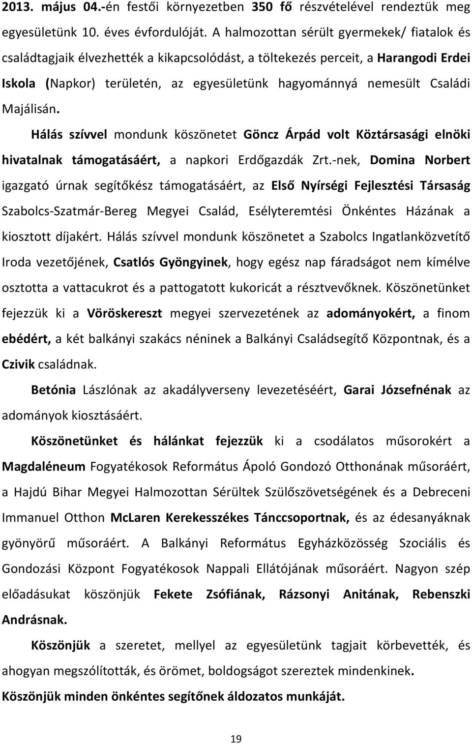 Majálisán. Hálás szívvel mondunk köszönetet Göncz Árpád volt Köztársasági elnöki hivatalnak támogatásáért, a napkori Erdőgazdák Zrt.