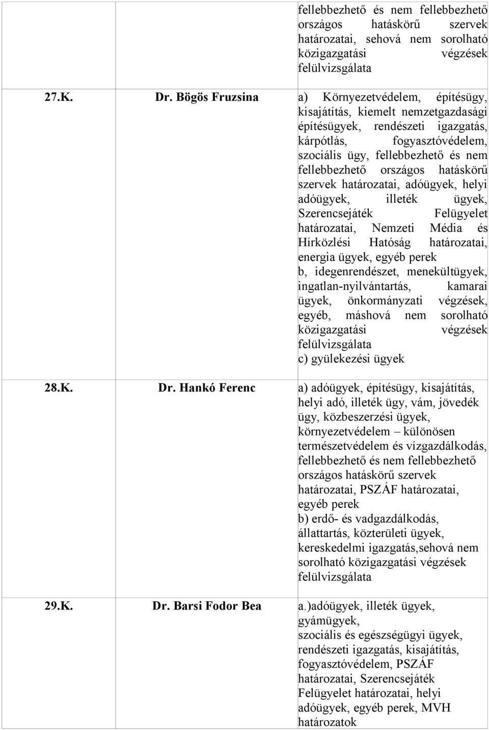 határozatai, adóügyek, helyi adóügyek, illeték ügyek, Szerencsejáték Felügyelet határozatai, Nemzeti Média és Hírközlési Hatóság határozatai, energia ügyek, egyéb perek b, idegenrendészet,