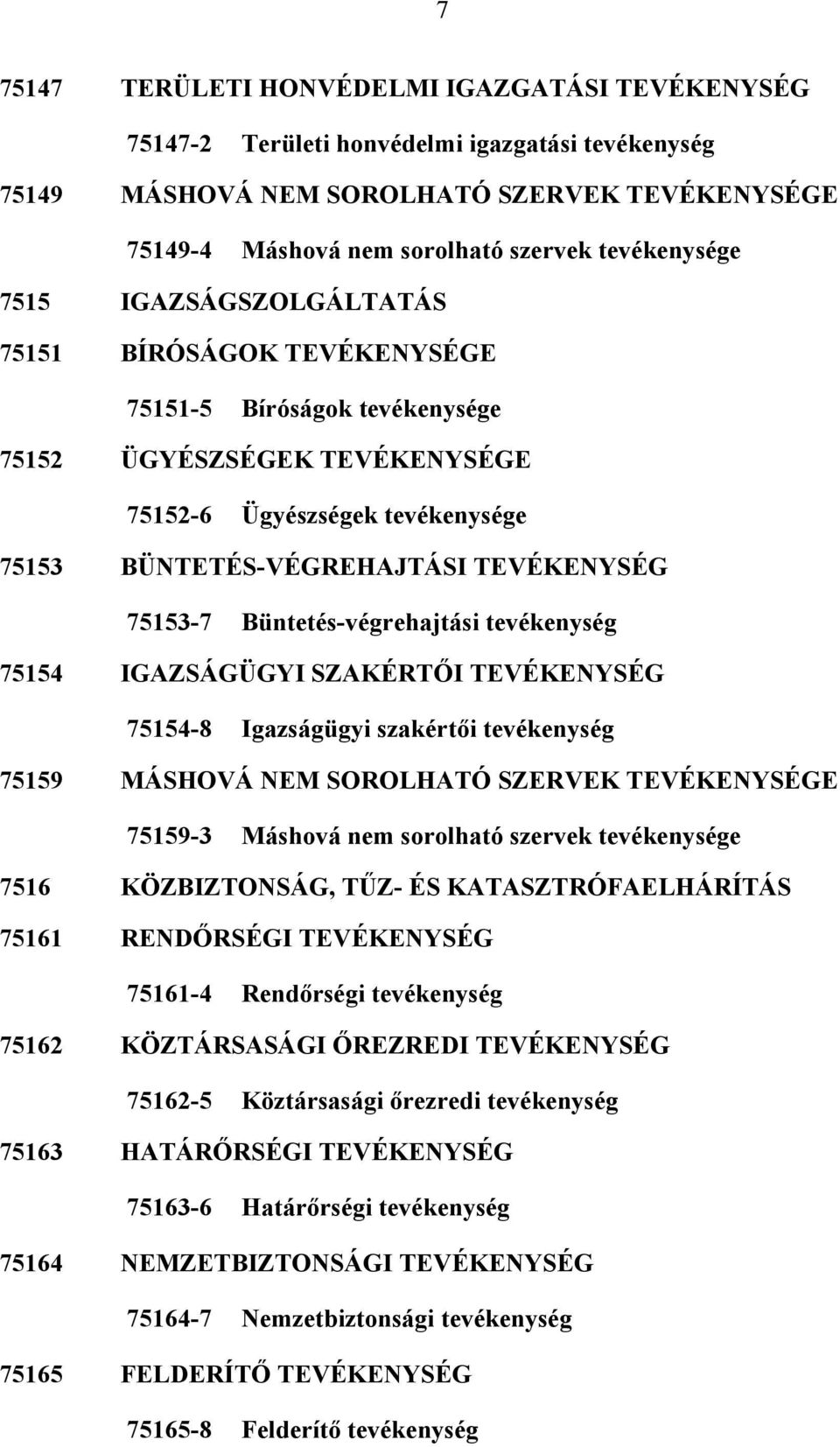 TEVÉKENYSÉG 75153-7 Büntetés-végrehajtási tevékenység 75154 IGAZSÁGÜGYI SZAKÉRTŐI TEVÉKENYSÉG 75154-8 Igazságügyi szakértői tevékenység 75159 MÁSHOVÁ NEM SOROLHATÓ SZERVEK TEVÉKENYSÉGE 75159-3