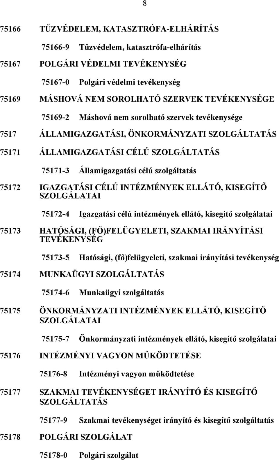 75172 IGAZGATÁSI CÉLÚ INTÉZMÉNYEK ELLÁTÓ, KISEGÍTŐ SZOLGÁLATAI 75172-4 Igazgatási célú intézmények ellátó, kisegítő szolgálatai 75173 HATÓSÁGI, (FŐ)FELÜGYELETI, SZAKMAI IRÁNYÍTÁSI TEVÉKENYSÉG 75173-5