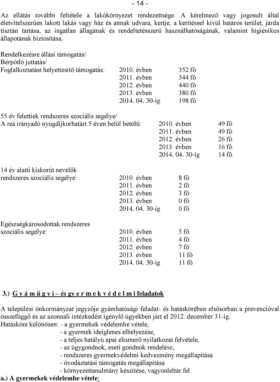 használhatóságának, valamint higiénikus állapotának biztosítása. Rendelkezésre állási támogatás/ Bérpótló juttatás/ Foglalkoztatást helyettesítő támogatás: 2010. évben 352 fő 2011. évben 344 fő 2012.