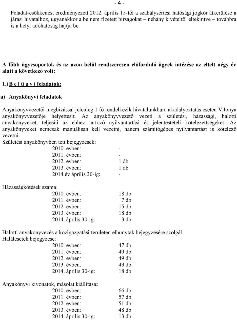 A főbb ügycsoportok és az azon belül rendszeresen előforduló ügyek intézése az eltelt négy év alatt a következő volt: 1.