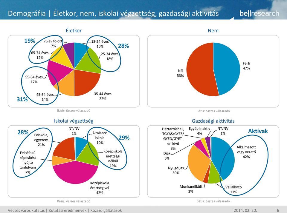 Középiskola érettségi nélkül 9% Háztartásbeli, TGYÁS/GYES/ GYED/GYETen lévő % Diák 6% Nyugdíjas 0% Gazdasági aktivitás Egyéb inaktív % 28% Aktívak 29%