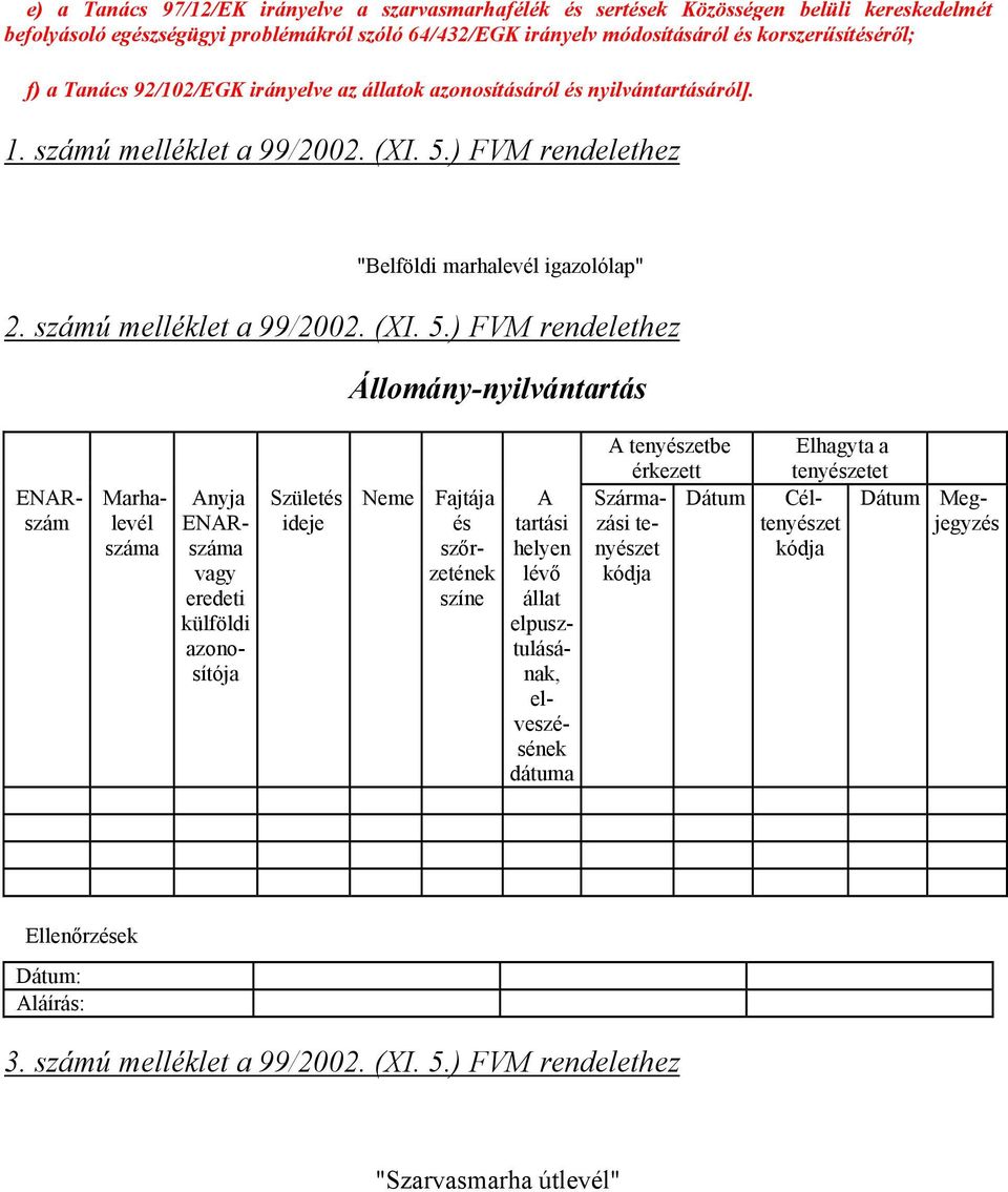 ) FVM rendelethez "Belföldi marhalevél igazolólap" 2. számú melléklet a 99/2002. (XI. 5.