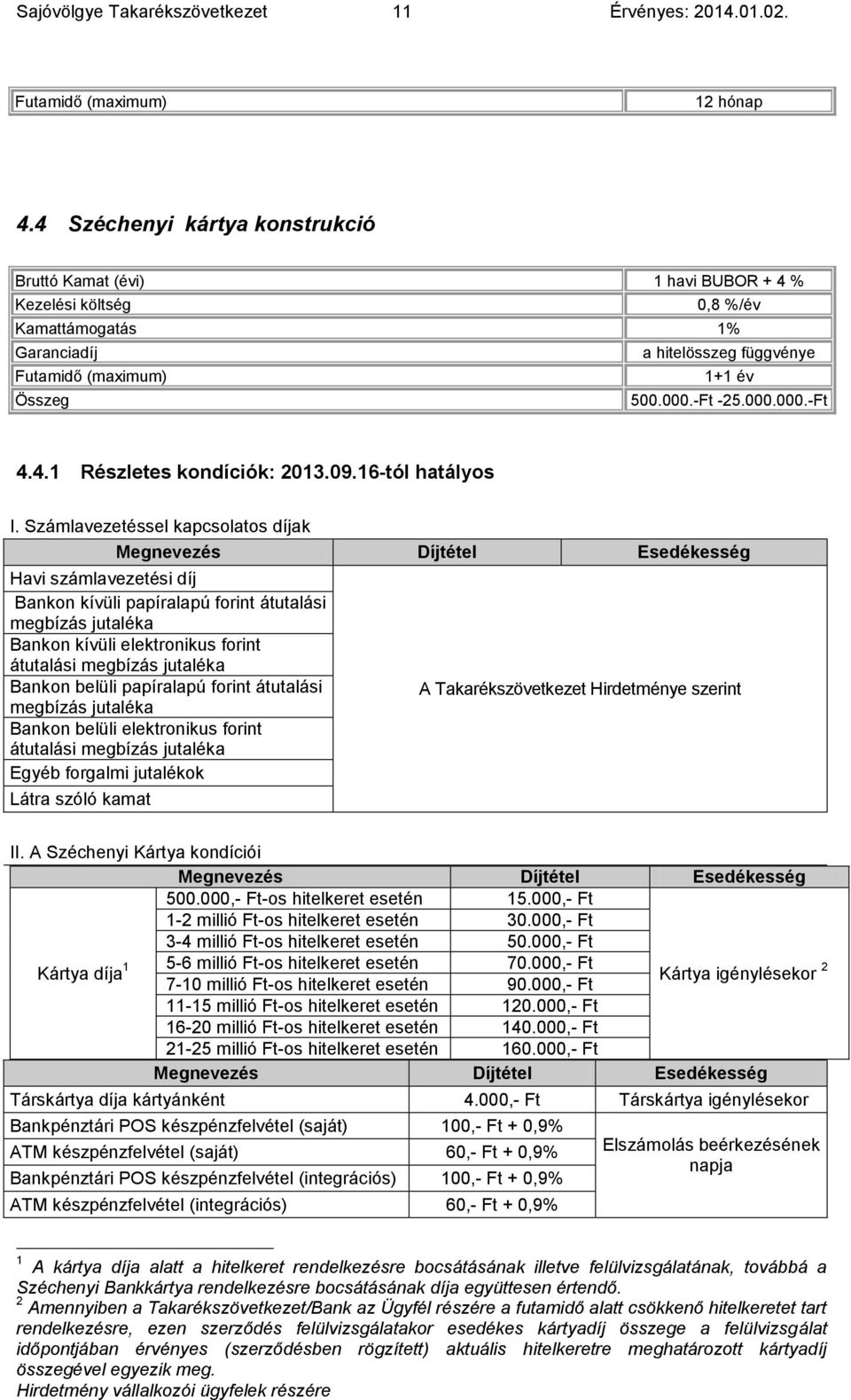 000.000.-Ft 4.4.1 Részletes kondíciók: 2013.09.16-tól hatályos I.