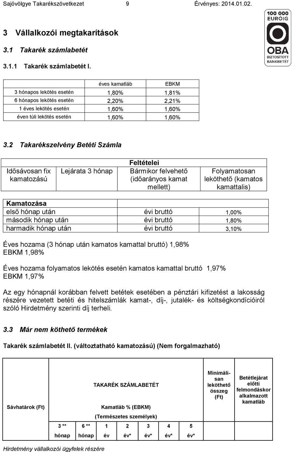 2 Takarékszelvény Betéti Számla Idősávosan fix kamatozású Lejárata 3 hónap Feltételei Bármikor felvehető (időarányos kamat mellett) Folyamatosan leköthető (kamatos kamattalis) Kamatozása első hónap