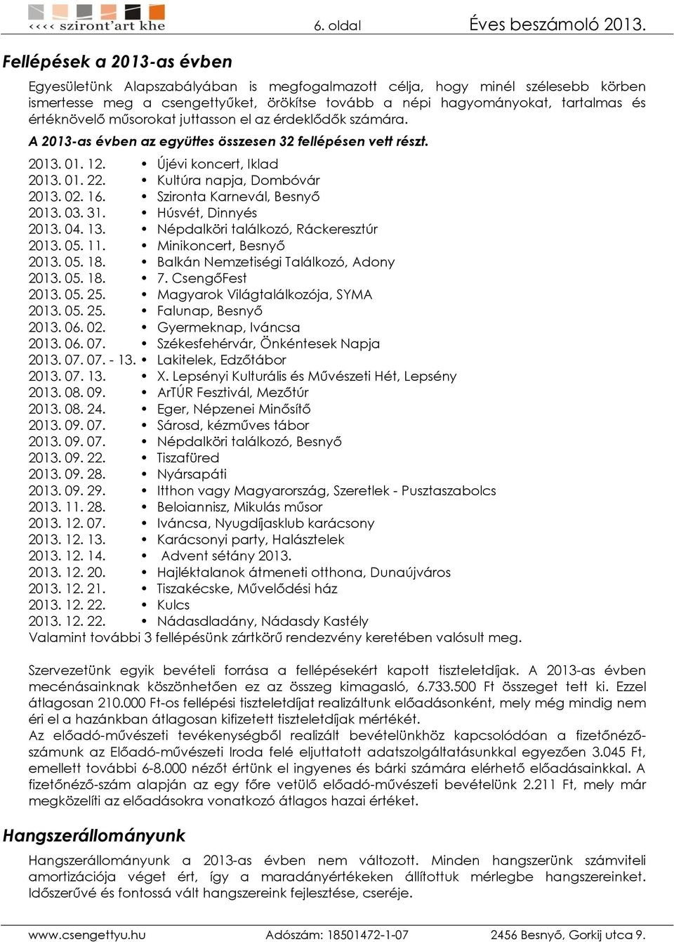 az érdeklődők számára. A 2013-as évben az együttes összesen 32 fellépésen vett részt. 2013. 01. 12. Újévi koncert, Iklad 2013. 01. 22. Kultúra napja, Dombóvár 2013. 02. 16.