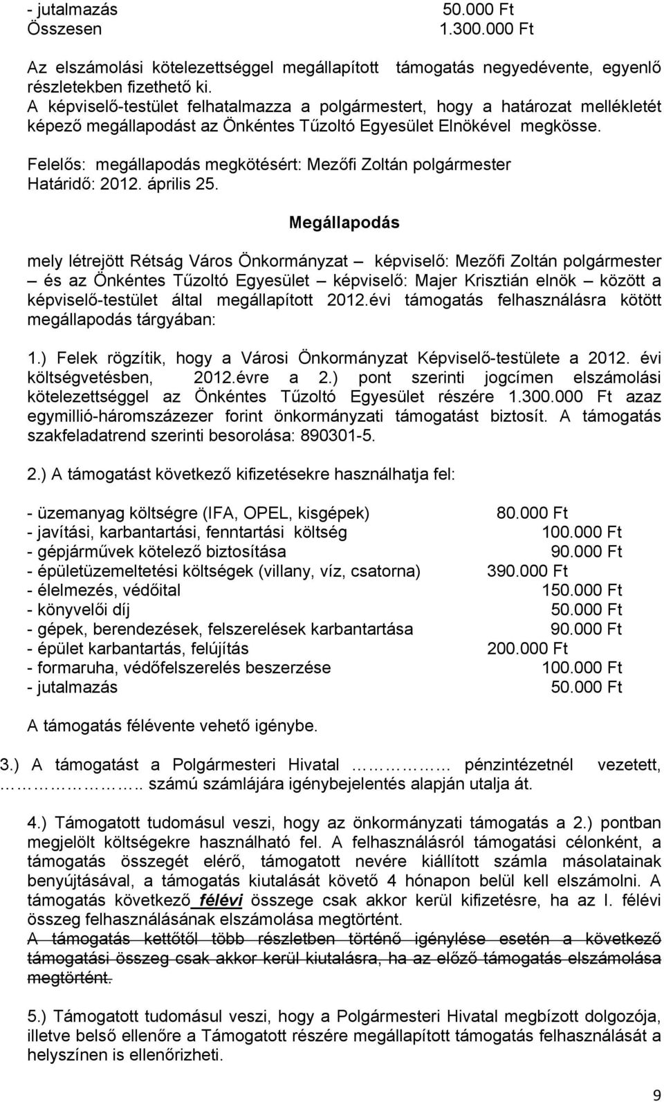 Felelős: megállapodás megkötésért: Mezőfi Zoltán polgármester Határidő: 2012. április 25.