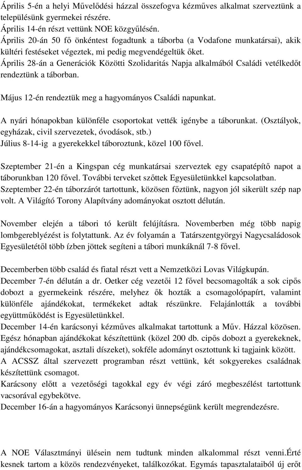 Április 28-án a Generációk Közötti Szolidaritás Napja alkalmából Családi vetélkedőt rendeztünk a táborban. Május 12-én rendeztük meg a hagyományos Családi napunkat.