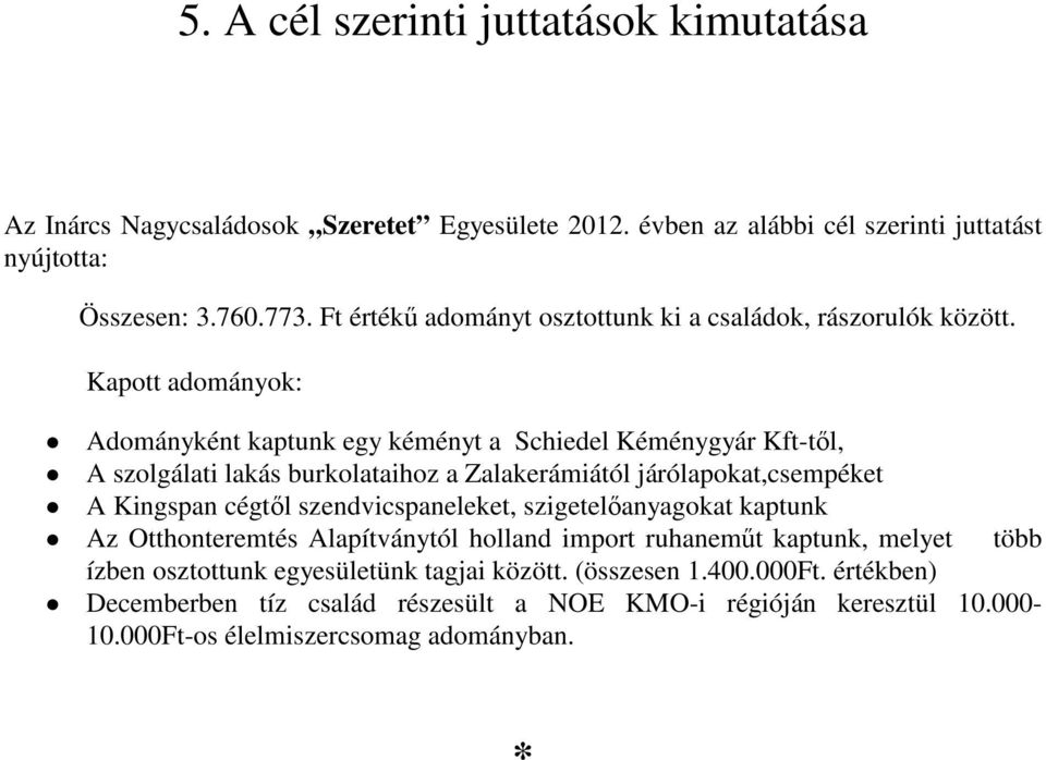 Kapott adományok: Adományként kaptunk egy kéményt a Schiedel Kéménygyár Kft-től, A szolgálati lakás burkolataihoz a Zalakerámiától járólapokat,csempéket A Kingspan cégtől