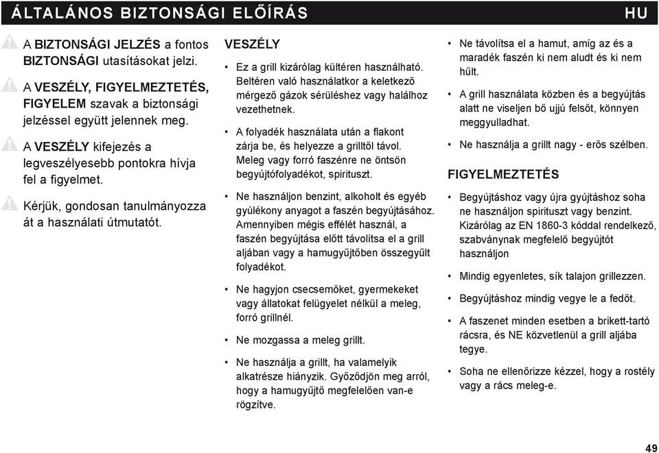 Beltéren való használatkor a keletkező mérgező gázok sérüléshez vagy halálhoz vezethetnek. A folyadék használata után a flakont zárja be, és helyezze a grilltől távol.