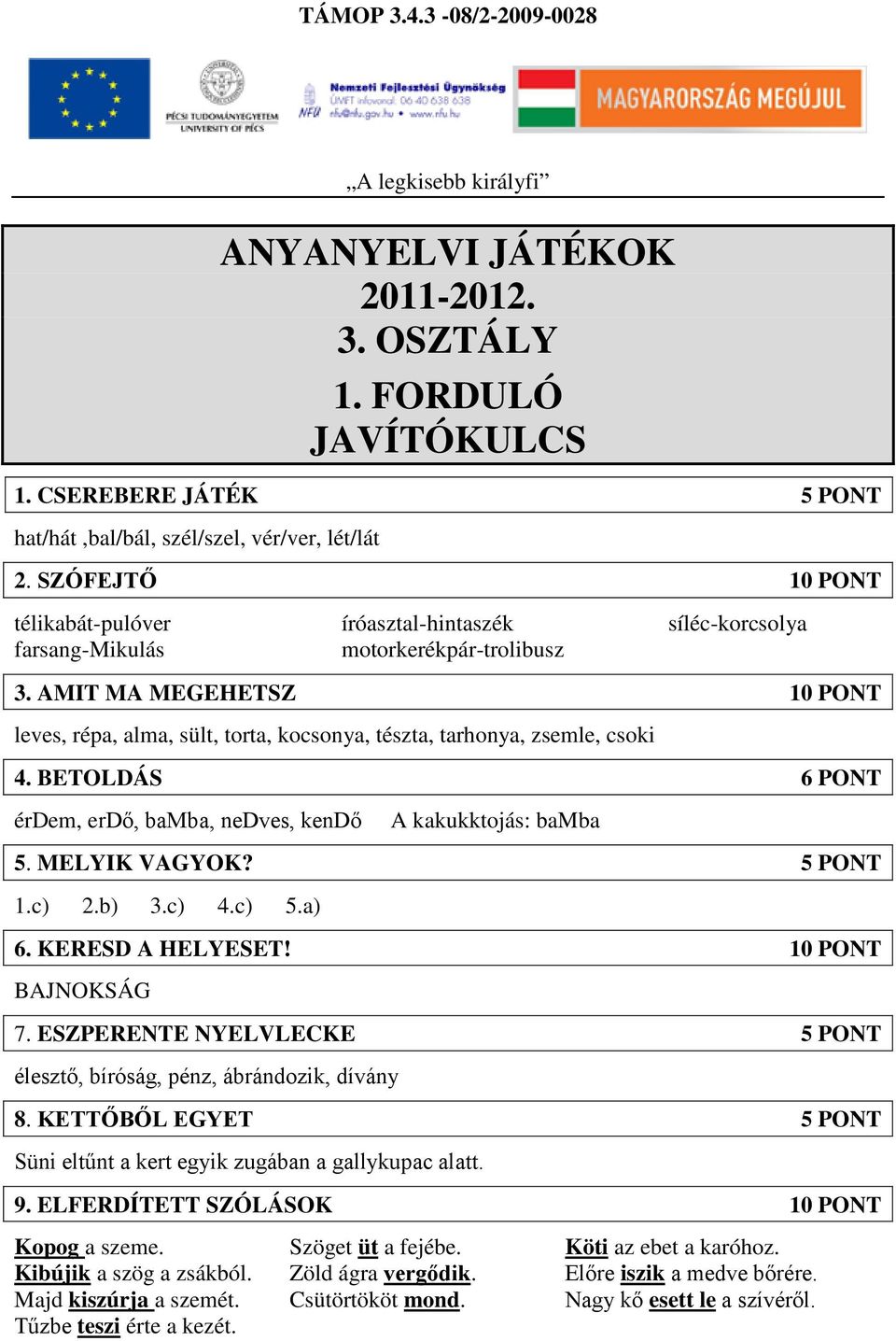 AMIT MA MEGEHETSZ 10 PONT leves, répa, alma, sült, torta, kocsonya, tészta, tarhonya, zsemle, csoki 4. BETOLDÁS 6 PONT érdem, erdő, bamba, nedves, kendő A kakukktojás: bamba 5. MELYIK VAGYOK?