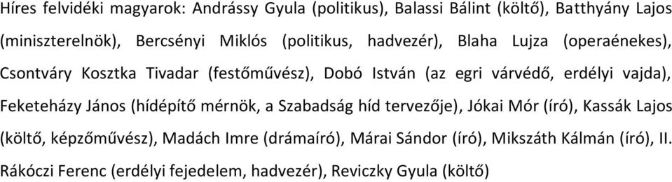 vajda), Feketeházy János (hídépítő mérnök, a Szabadság híd tervezője), Jókai Mór (író), Kassák Lajos (költő, képzőművész), Madách