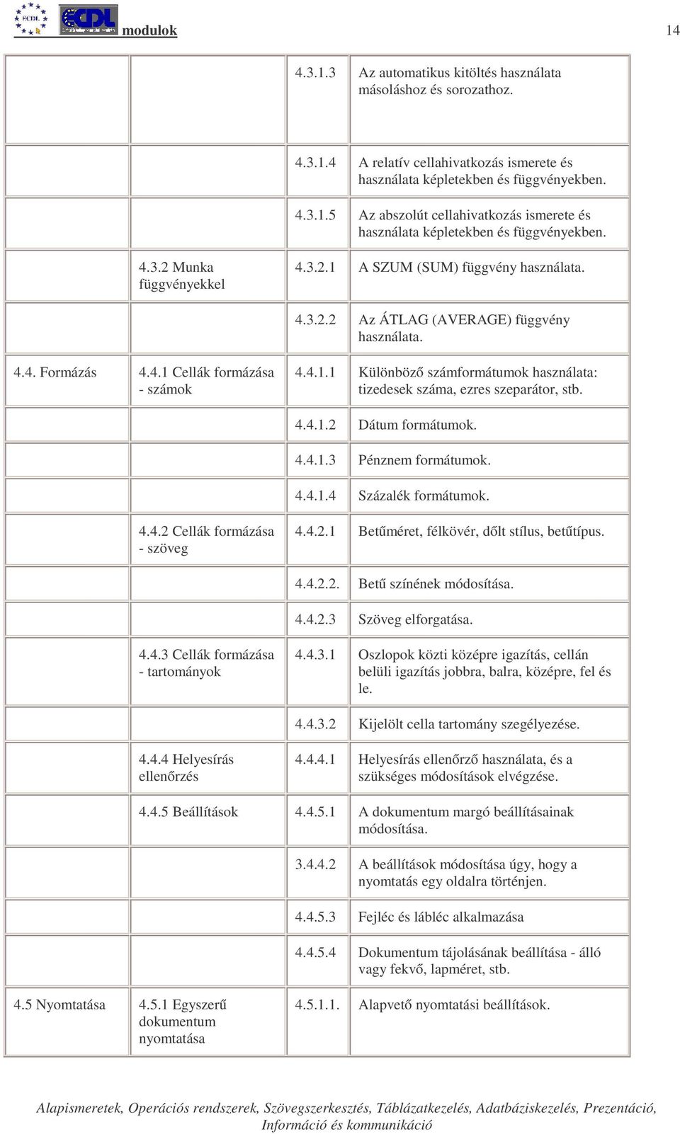 4.4.1.2 Dátum formátumok. 4.4.1.3 Pénznem formátumok. 4.4.1.4 Százalék formátumok. 4.4.2 Cellák formázása - szöveg 4.4.2.1 Betűméret, félkövér, dőlt stílus, betűtípus. 4.4.2.2. Betű színének módosítása.