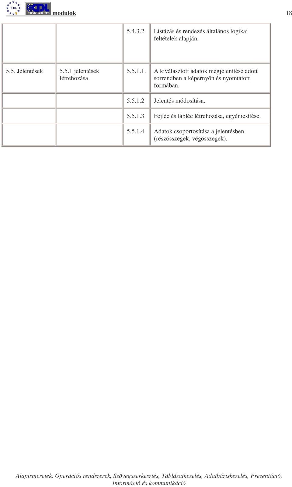 5.5.1.2 Jelentés módosítása. 5.5.1.3 Fejléc és lábléc létrehozása, egyéniesítése. 5.5.1.4 Adatok csoportosítása a jelentésben (részösszegek, végösszegek).