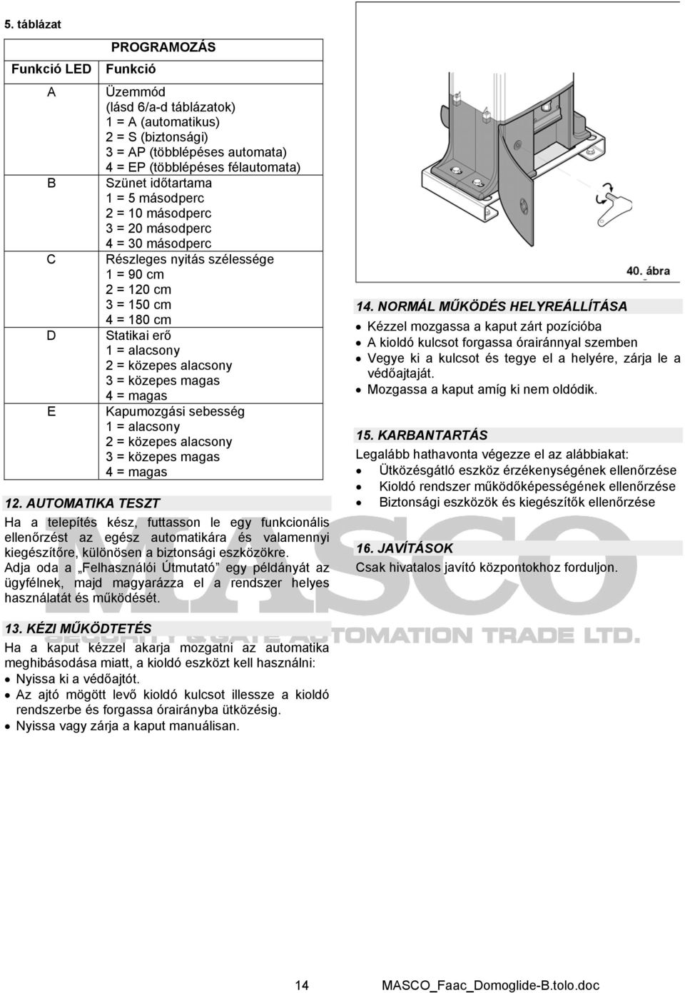 közepes magas 4 = magas Kapumozgási sebesség 1 = alacsony 2 = közepes alacsony 3 = közepes magas 4 = magas 12.