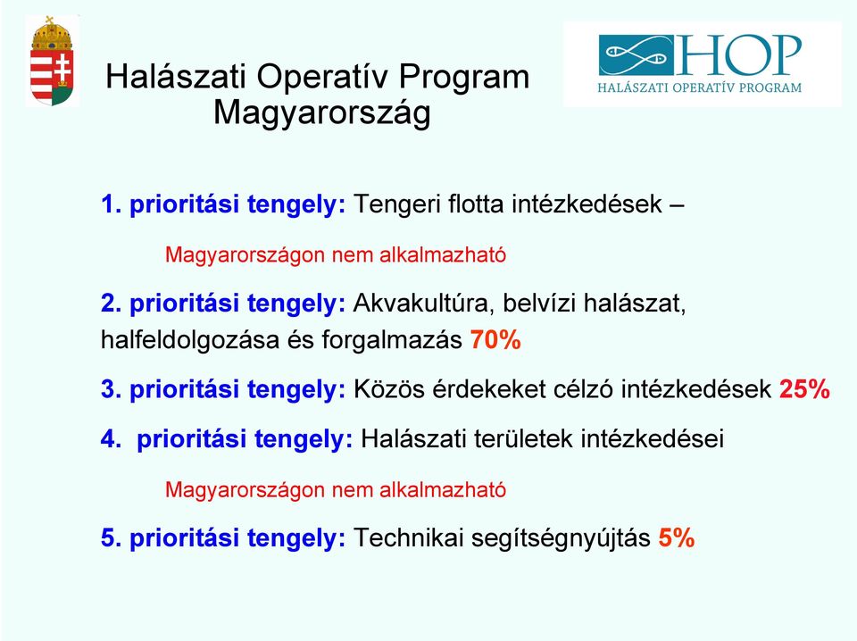 prioritási tengely: Akvakultúra, belvízi halászat, halfeldolgozása és forgalmazás 70% 3.