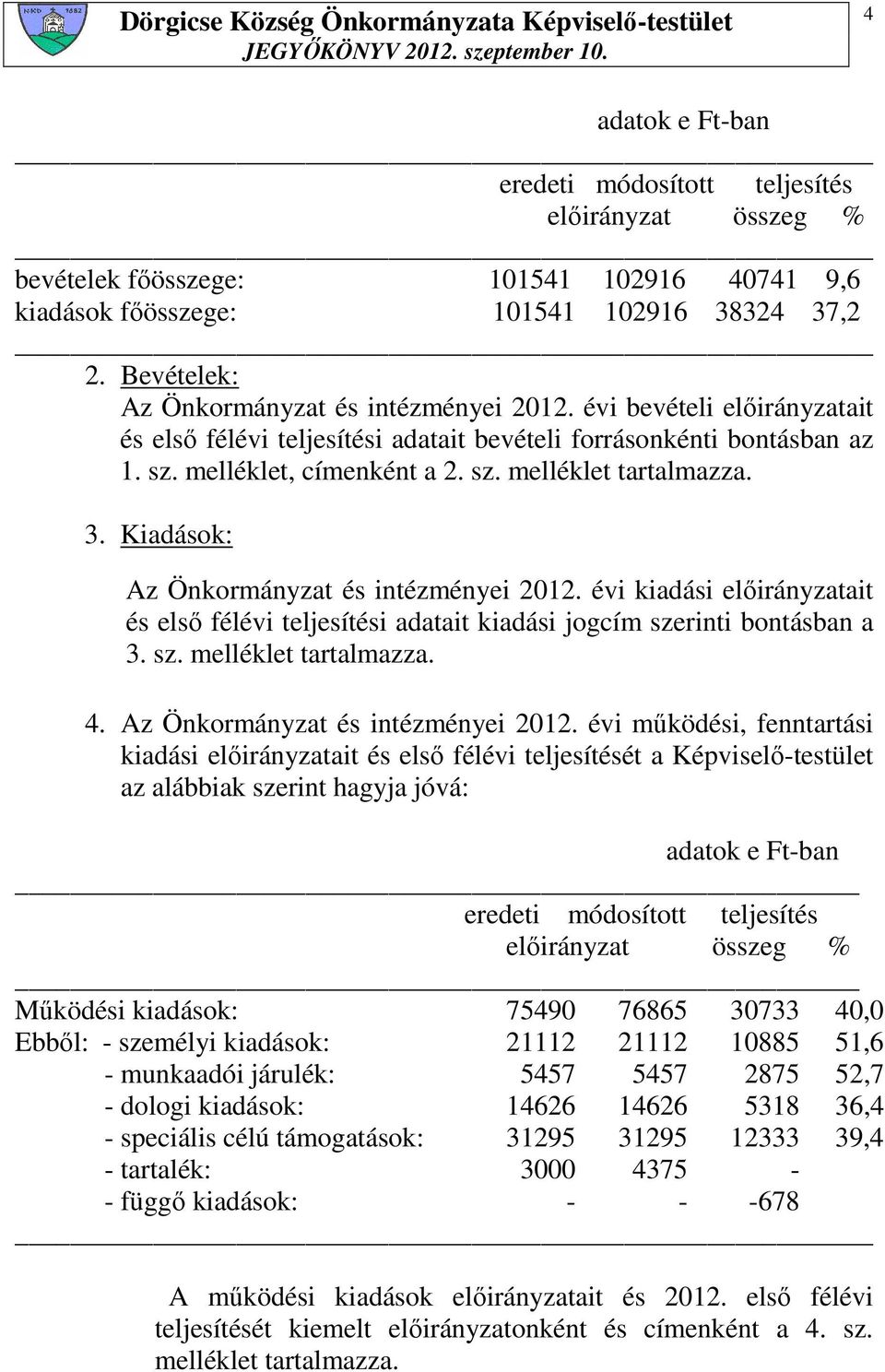 3. Kiadások: Az Önkormányzat és intézményei 2012. évi kiadási elıirányzatait és elsı félévi teljesítési adatait kiadási jogcím szerinti bontásban a 3. sz. melléklet tartalmazza. 4.
