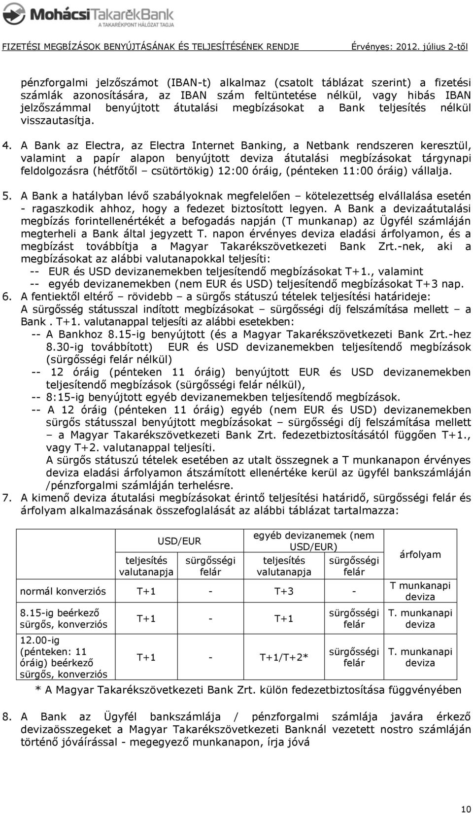 A Bank az Electra, az Electra Internet Banking, a Netbank rendszeren keresztül, valamint a papír alapon benyújtott deviza átutalási megbízásokat tárgynapi feldolgozásra (hétfőtől csütörtökig) 12:00