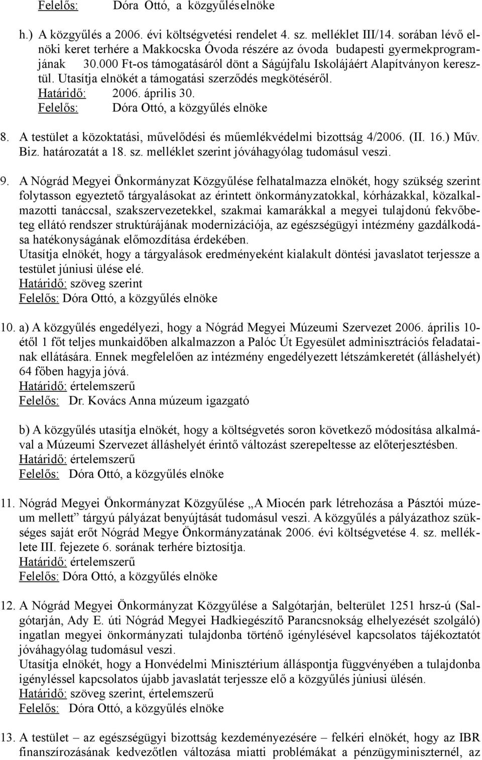 Utasítja elnökét a támogatási szerződés megkötéséről. Határidő: 2006. április 30. Felelős: Dóra Ottó, a közgyűlés elnöke 8. A testület a közoktatási, művelődési és műemlékvédelmi bizottság 4/2006.