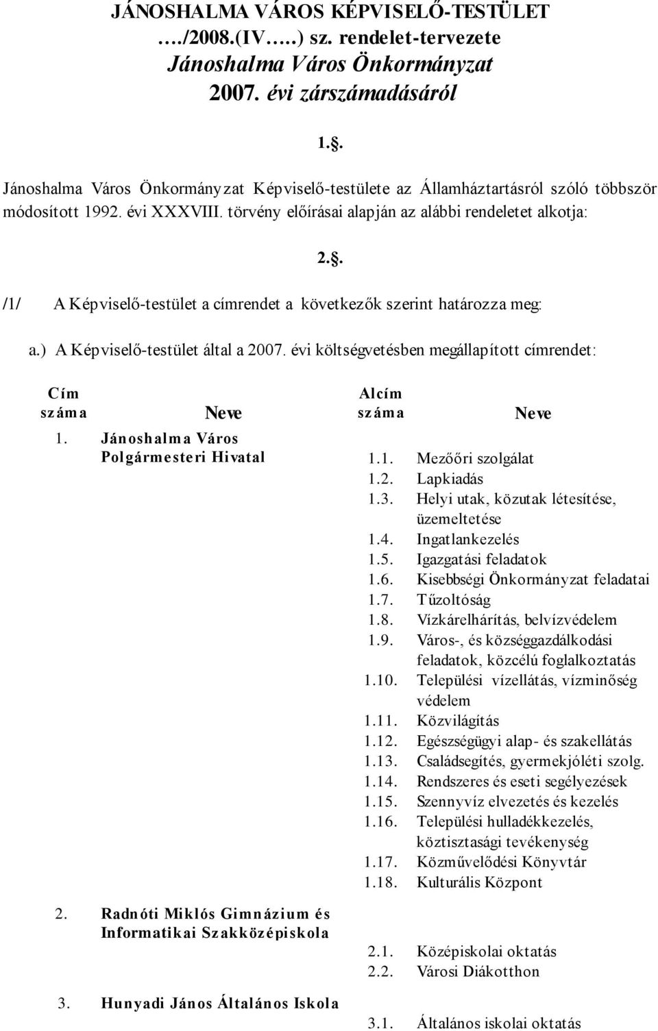 . /1/ A Képviselő-testület a címrendet a következők szerint határozza meg: a.) A Képviselő-testület által a 2007. évi költségvetésben megállapított címrendet: Cím száma Neve Alcím száma Neve 1.